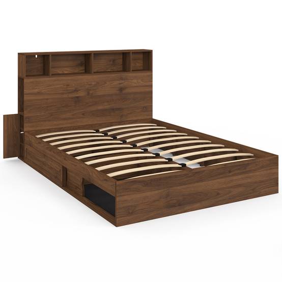 IDMARKET - Lit double CLEM avec rangements + tête de lit et sommier 140 x 190 cm effet noyer - Image 3