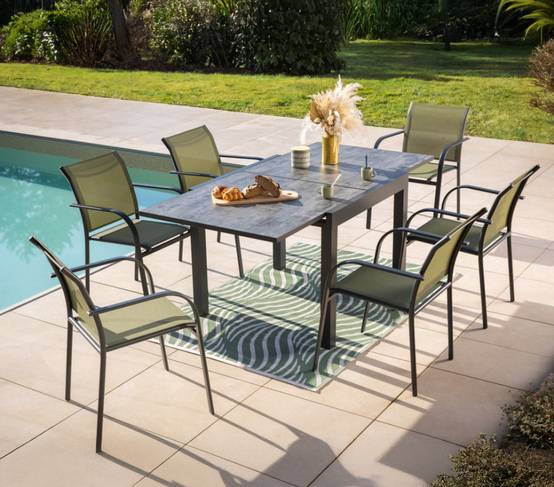 Ensemble table et chaises de jardin 6 places Vert HONFLEUR BEZIERS ARDOISE - Image 1