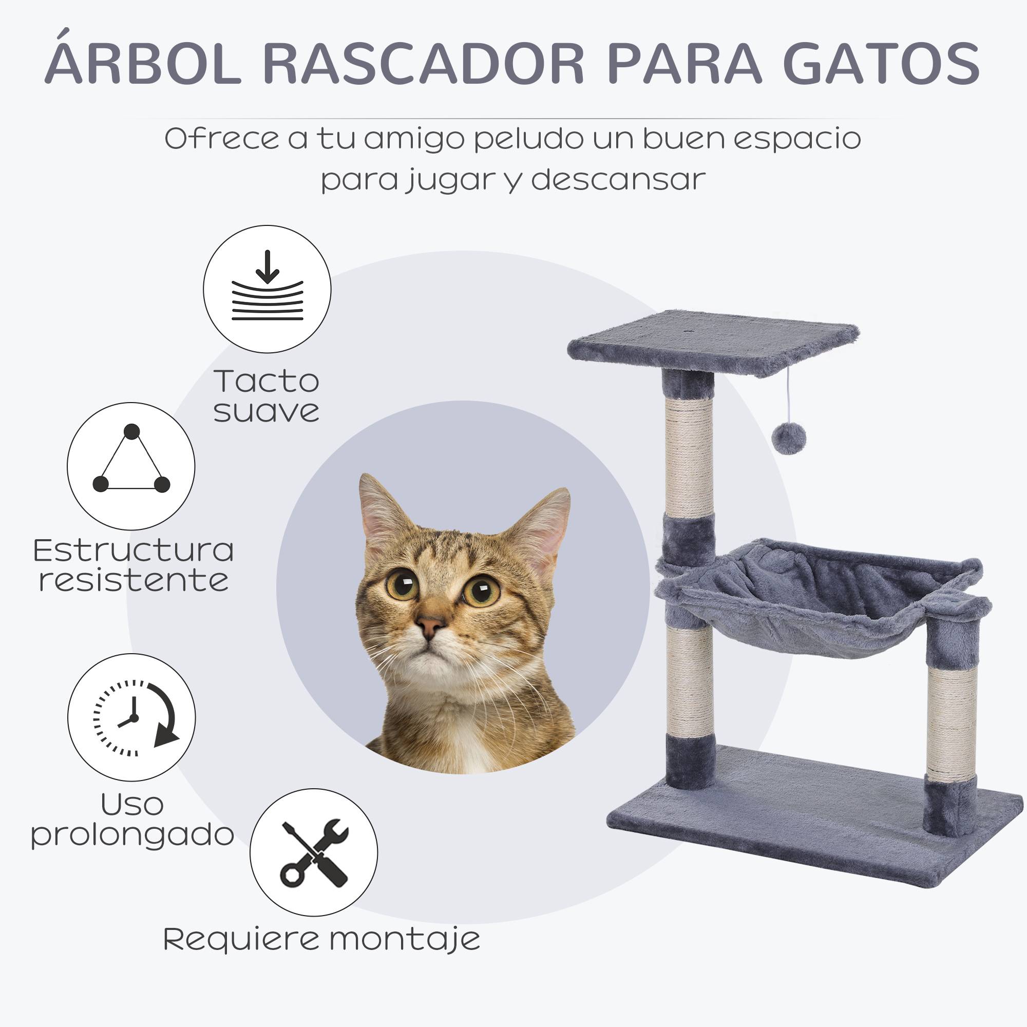Petit Arbre à Chat avec Hamac et Plateforme Griffoir Poteaux en Sisal et Jouet Suspendu 70 cm Gris - ComfortXL Outdoor Living - Image 6
