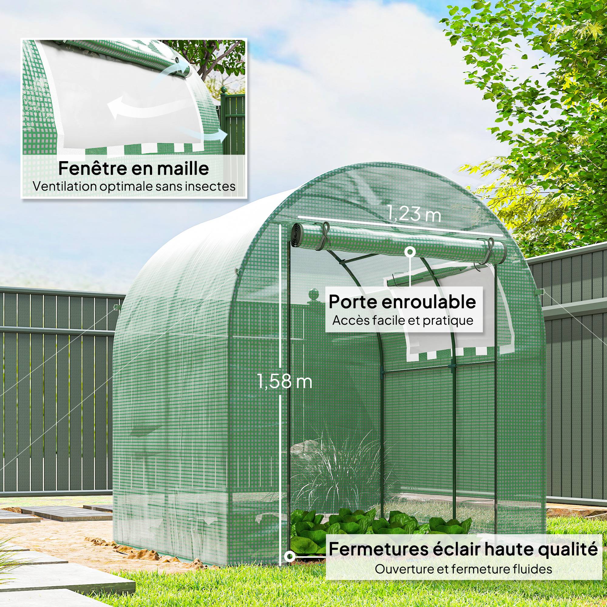 Serre tunnel de jardin 3,24m², serre de jardin tunnel porte et fenêtre enroulables, bâche PE, 180 x 180 x 200 cm, verte - Image 8