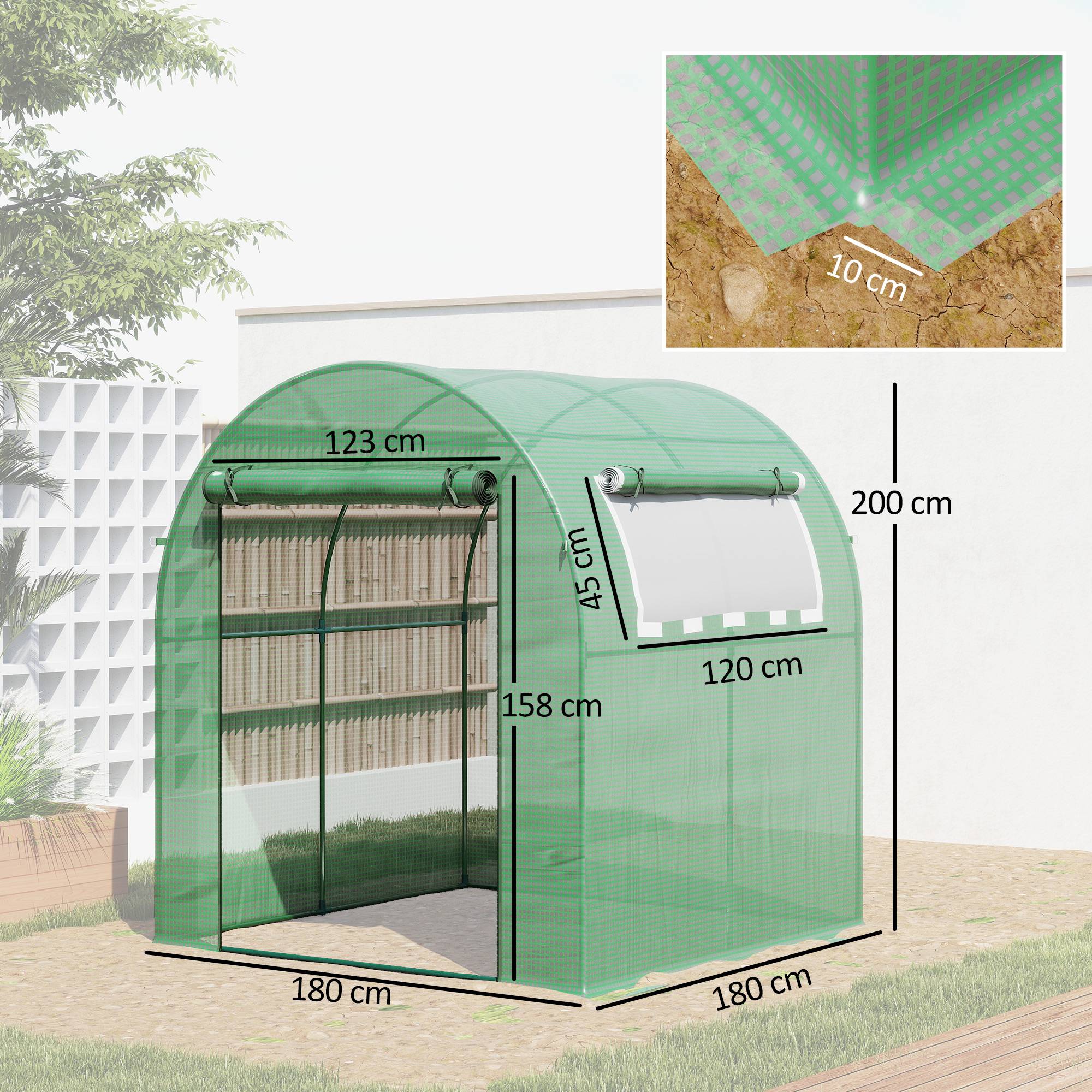 Serre tunnel de jardin 3,24m², serre de jardin tunnel porte et fenêtre enroulables, bâche PE, 180 x 180 x 200 cm, verte - Image 5