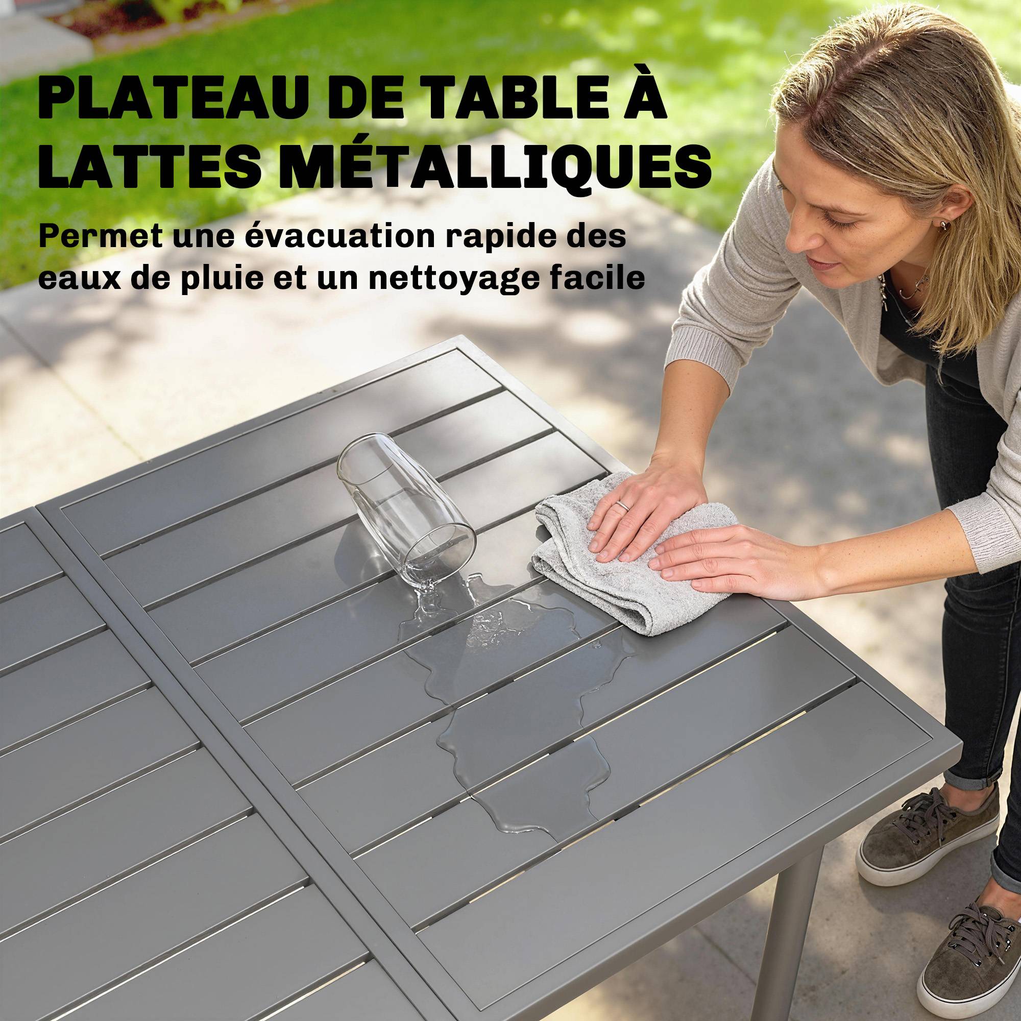 Table de jardin pour 6 personnes, 165 x 80 cm, table à manger extérieure rectangulaire avec plateau à lattes en métal - Image 7