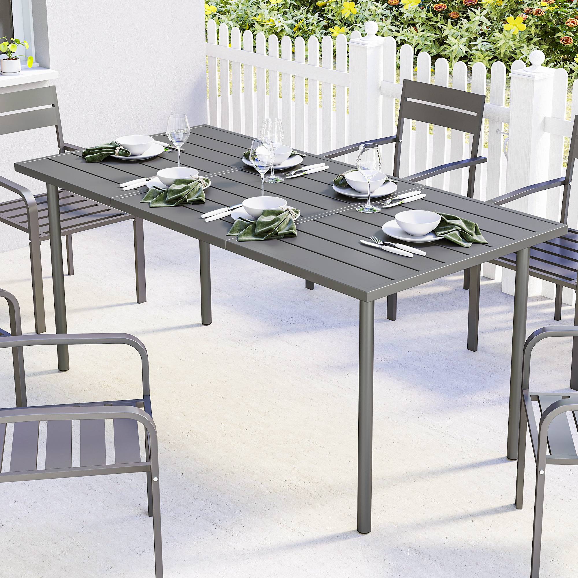 Table de jardin pour 6 personnes, 165 x 80 cm, table à manger extérieure rectangulaire avec plateau à lattes en métal - Image 3