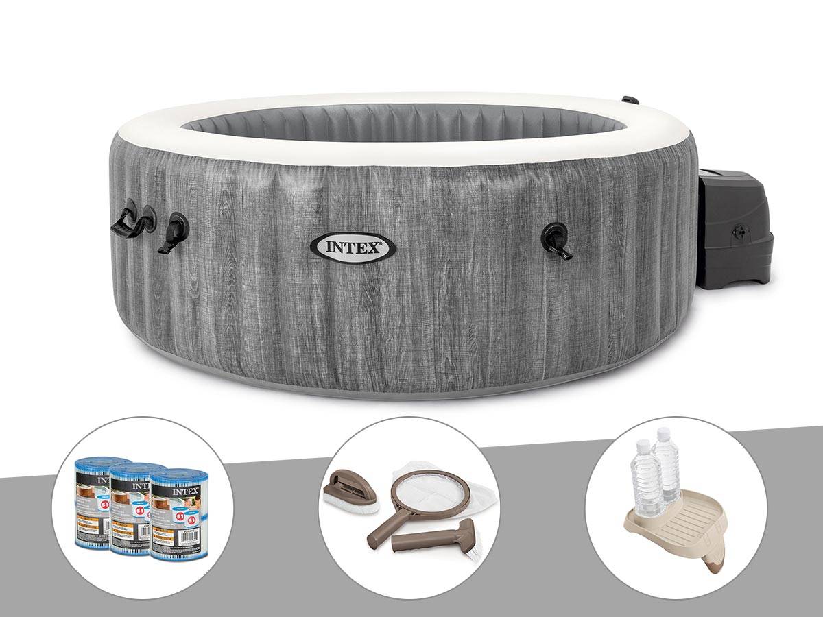 Kit spa gonflable Intex PureSpa Baltik rond Bulles 4 places + 6 filtres + Kit d'entretien + Porte-verre - Image 1