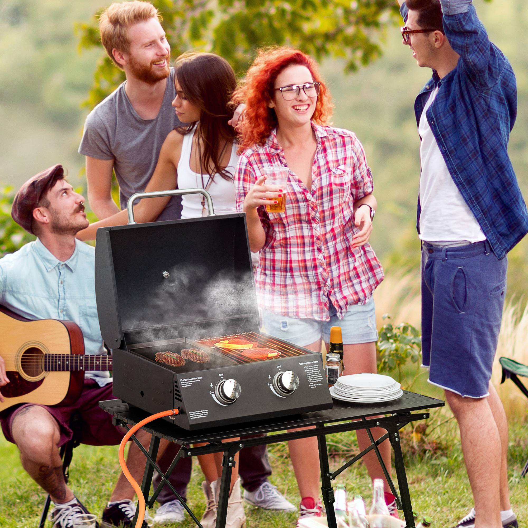 Sans Marque - Barbecue gaz pliable table 2 brûleurs grill portable couvercle acier carbone camping pique-nique 55x46,5x41 cm noir - Image 3