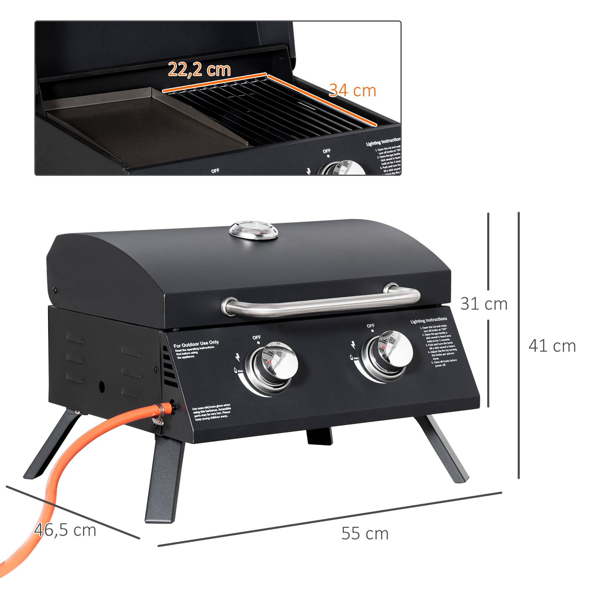 Sans Marque - Barbecue gaz pliable table 2 brûleurs grill portable couvercle acier carbone camping pique-nique 55x46,5x41 cm noir - Image 5