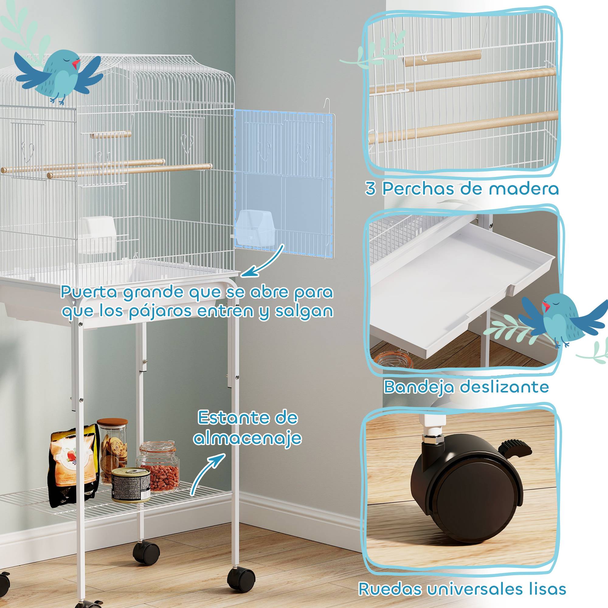 Cage à Oiseaux sur Roulettes Acier Volière pour Canaris Perruches avec Étagère 124 cm Blanc - ComfortXL Outdoor Living - Image 7