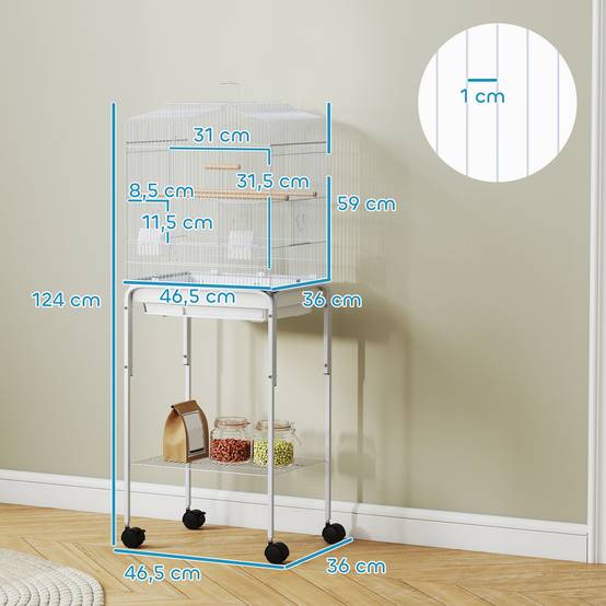 Cage à Oiseaux sur Roulettes Acier Volière pour Canaris Perruches avec Étagère 124 cm Blanc - ComfortXL Outdoor Living - Image 5