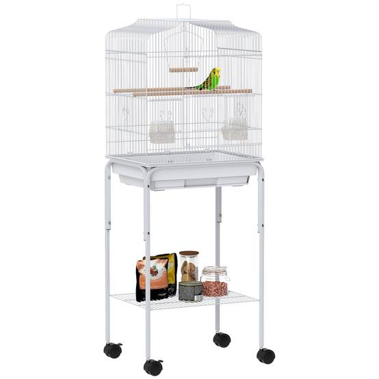 Cage à Oiseaux sur Roulettes Acier Volière pour Canaris Perruches avec Étagère 124 cm Blanc - ComfortXL Outdoor Living - Image 1