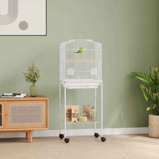 Cage à Oiseaux sur Roulettes Acier Volière pour Canaris Perruches avec Étagère 124 cm Blanc - ComfortXL Outdoor Living - Image 4