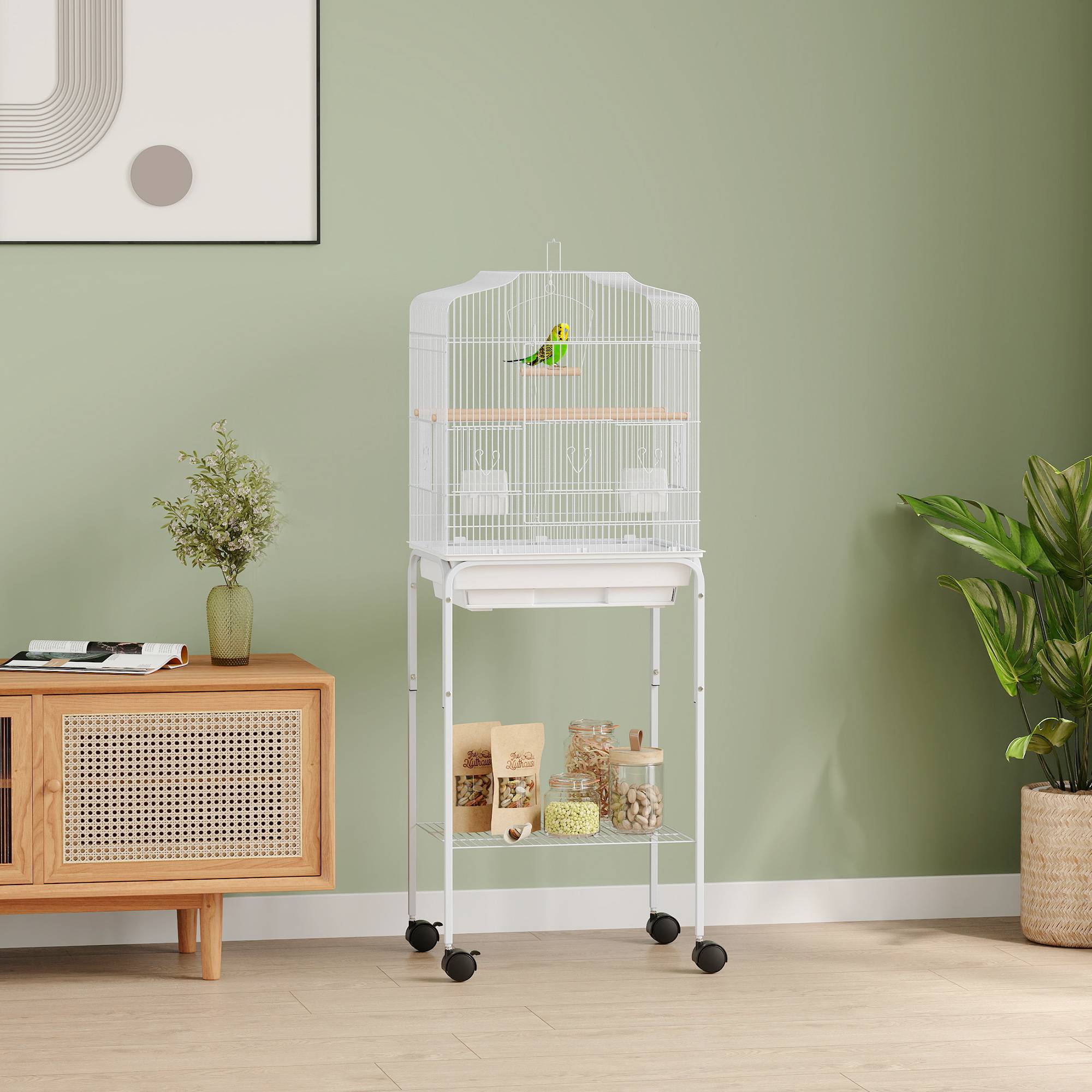 Cage à Oiseaux sur Roulettes Acier Volière pour Canaris Perruches avec Étagère 124 cm Blanc - ComfortXL Outdoor Living - Image 4