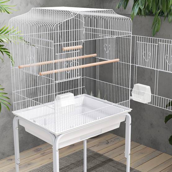 Cage à Oiseaux sur Roulettes Acier Volière pour Canaris Perruches avec Étagère 124 cm Blanc - ComfortXL Outdoor Living - Image 9