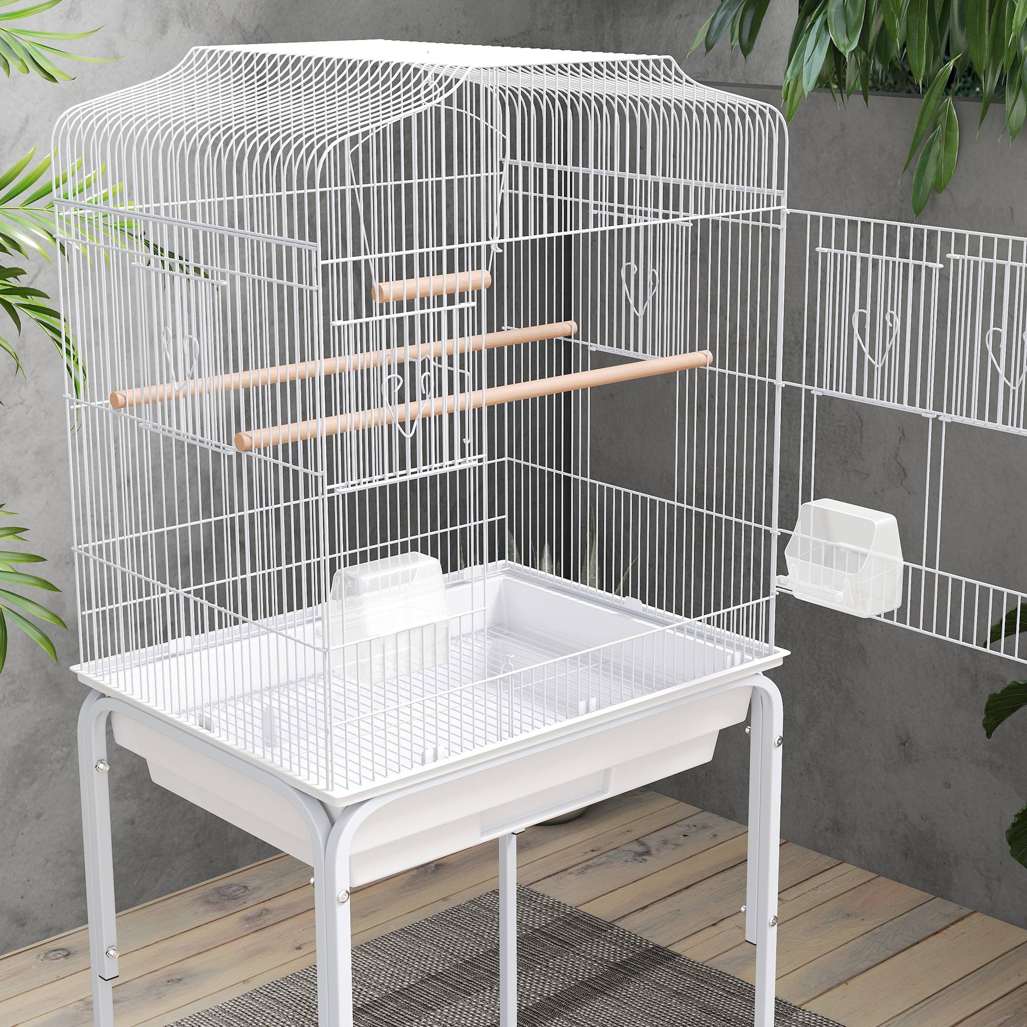Cage à Oiseaux sur Roulettes Acier Volière pour Canaris Perruches avec Étagère 124 cm Blanc - ComfortXL Outdoor Living - Image 9