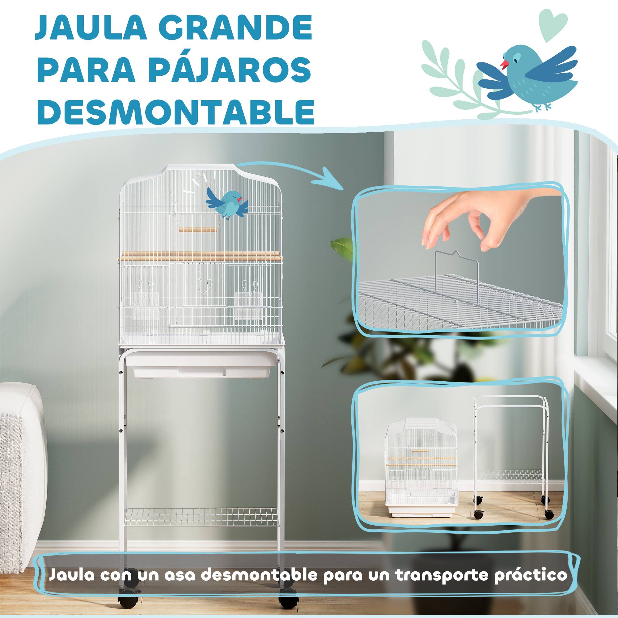 Cage à Oiseaux sur Roulettes Acier Volière pour Canaris Perruches avec Étagère 124 cm Blanc - ComfortXL Outdoor Living - Image 6