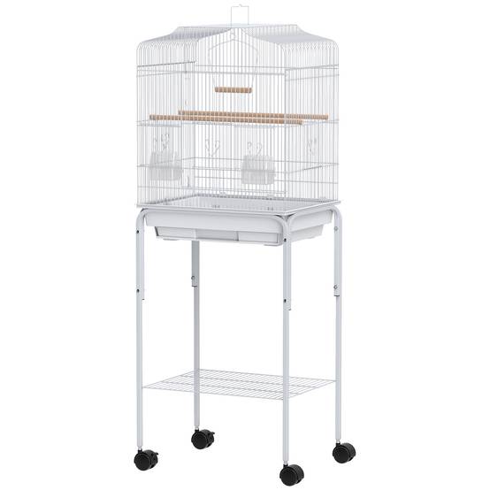 Cage à Oiseaux sur Roulettes Acier Volière pour Canaris Perruches avec Étagère 124 cm Blanc - ComfortXL Outdoor Living - Image 2