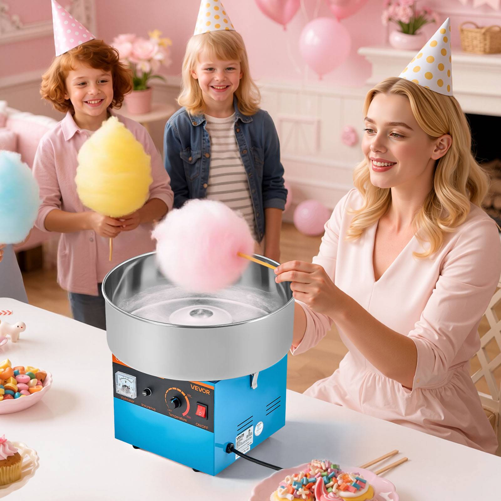 VEVOR Machine barbe à papa électrique 1000 W, bol inox 38 cm. Fêtes, anniversaire, bleu. - Image 8