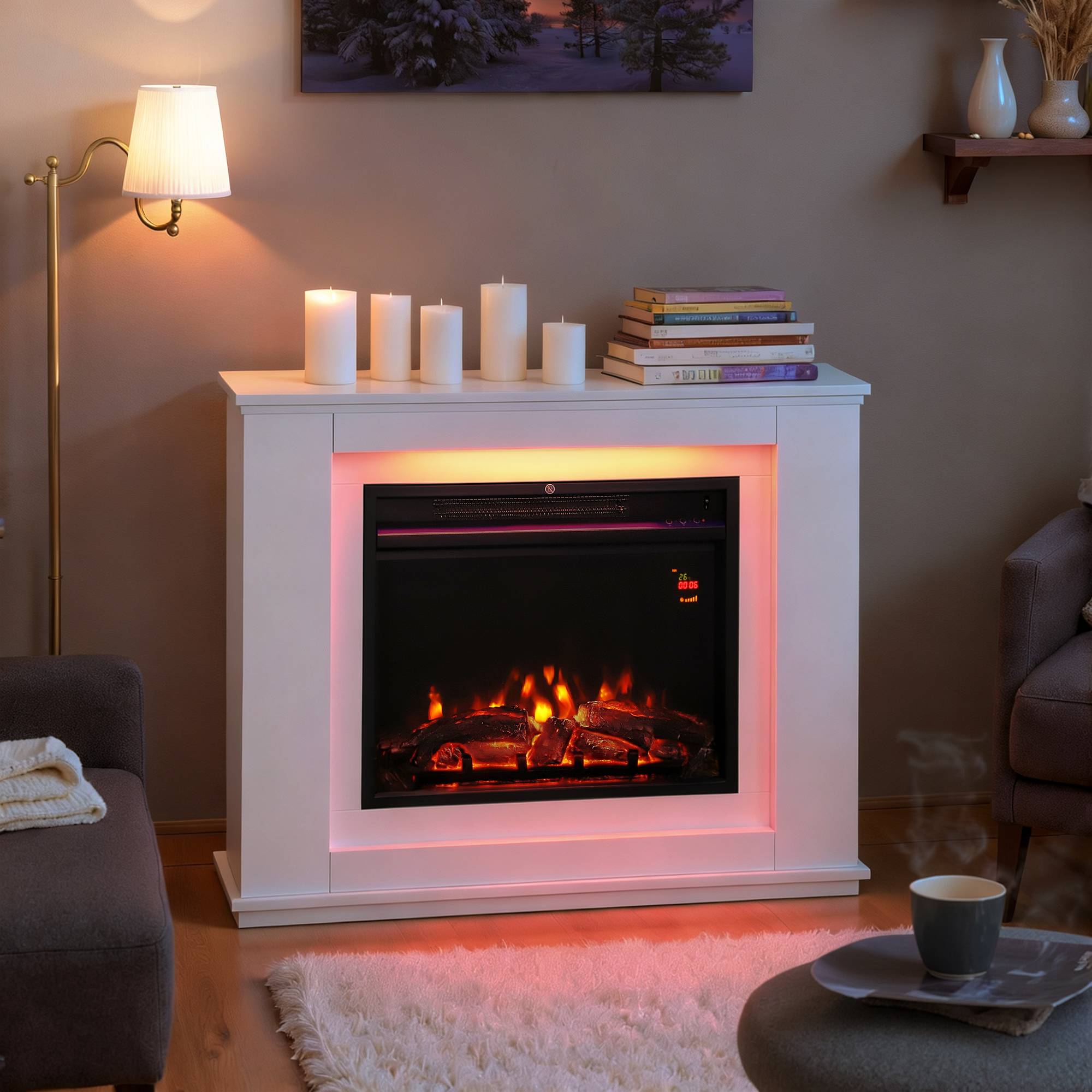 Cheminée électrique 1000/2000W effet flamme 5 niveaux luminosité et 12 couleurs 30 m² blanc - Image 3