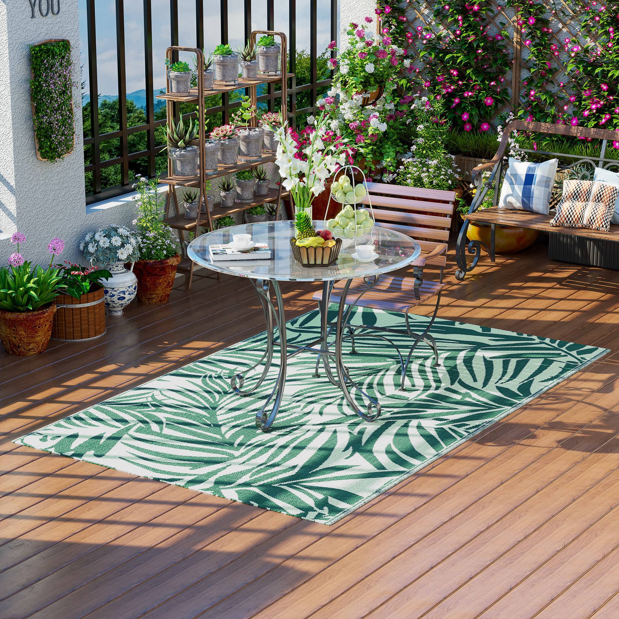 Tapis d'extérieur réversible Polypropylène Terrasse jardin Motif feuilles 152x243cm Vert - ComfortXL Outdoor Living - Image 4
