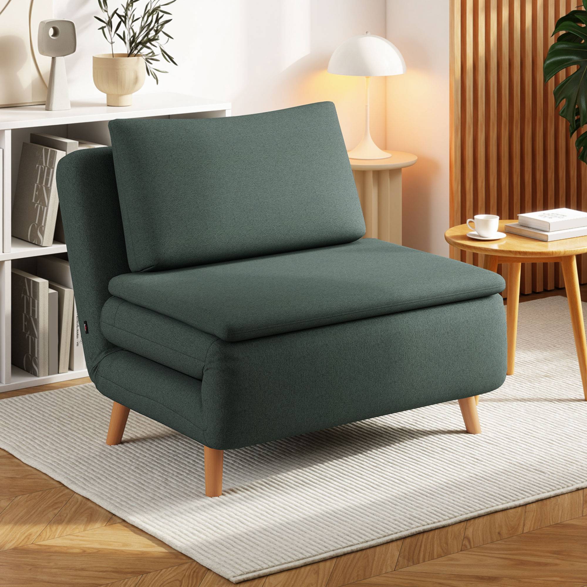 Fauteuil convertible 3 en 1 avec fonction lit, inclinable, dossier réglable, pieds en hêtre, coussin, vert foncé - Image 4