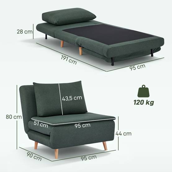 Fauteuil convertible 3 en 1 avec fonction lit, inclinable, dossier réglable, pieds en hêtre, coussin, vert foncé - Image 5