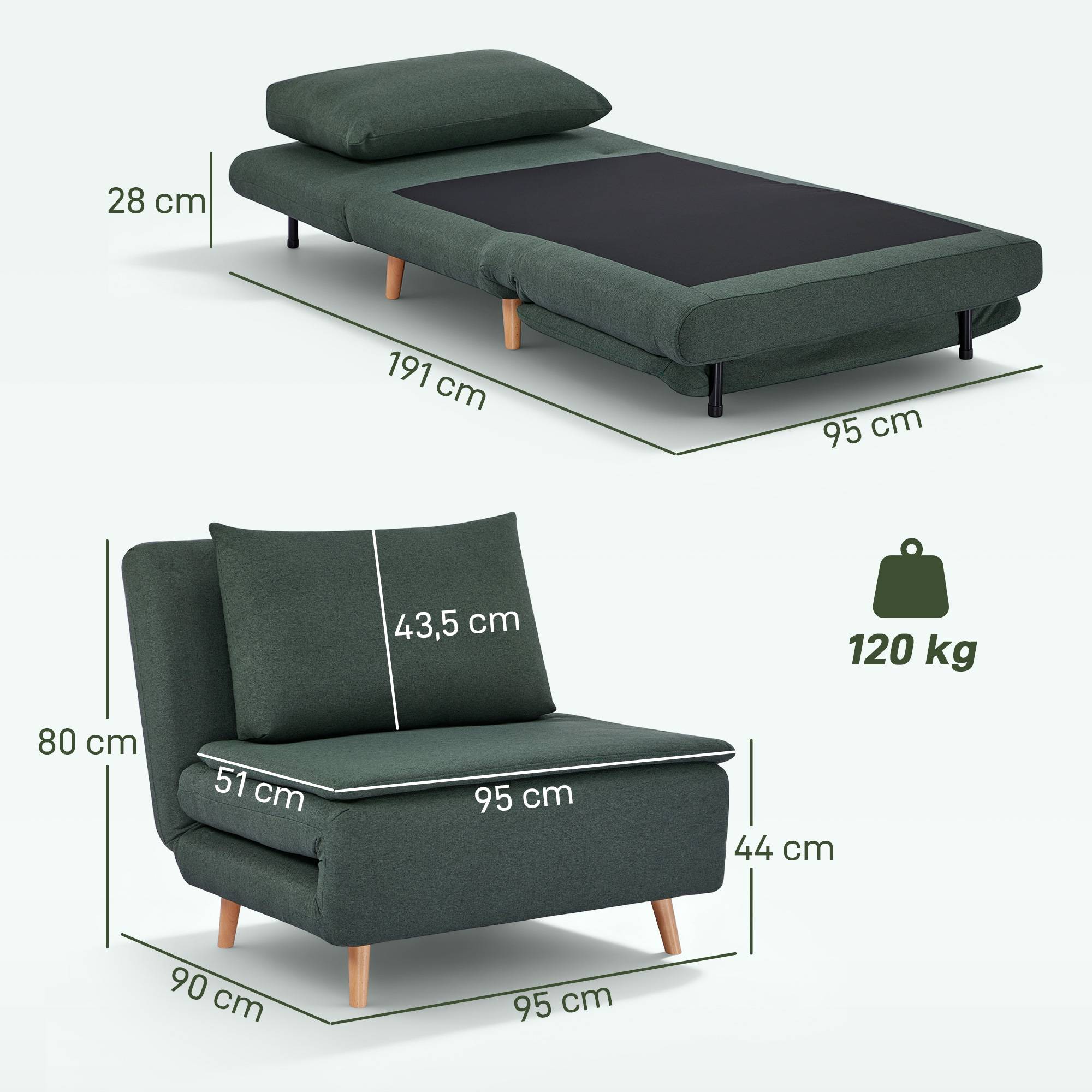 Fauteuil convertible 3 en 1 avec fonction lit, inclinable, dossier réglable, pieds en hêtre, coussin, vert foncé - Image 5