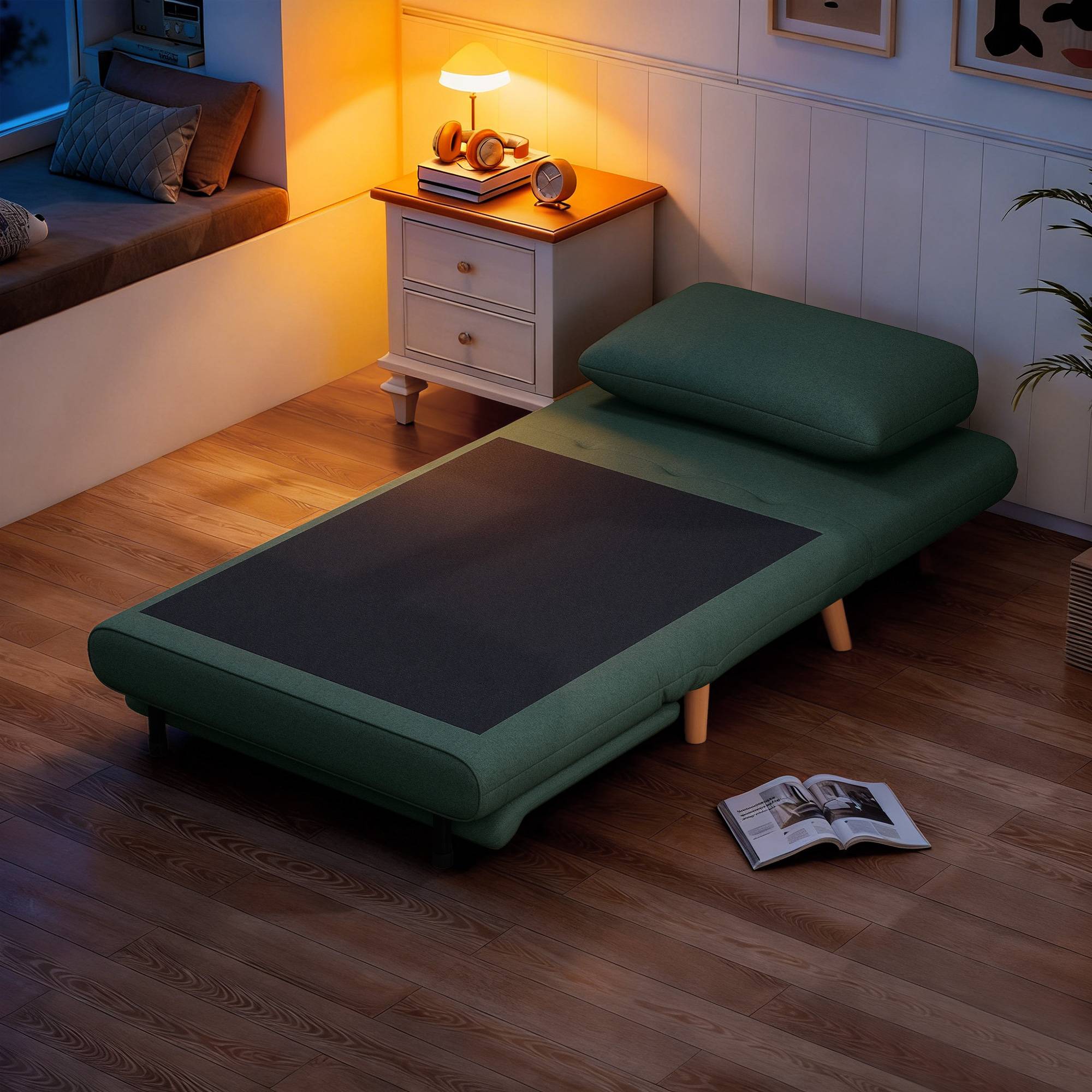 Fauteuil convertible 3 en 1 avec fonction lit, inclinable, dossier réglable, pieds en hêtre, coussin, vert foncé - Image 10