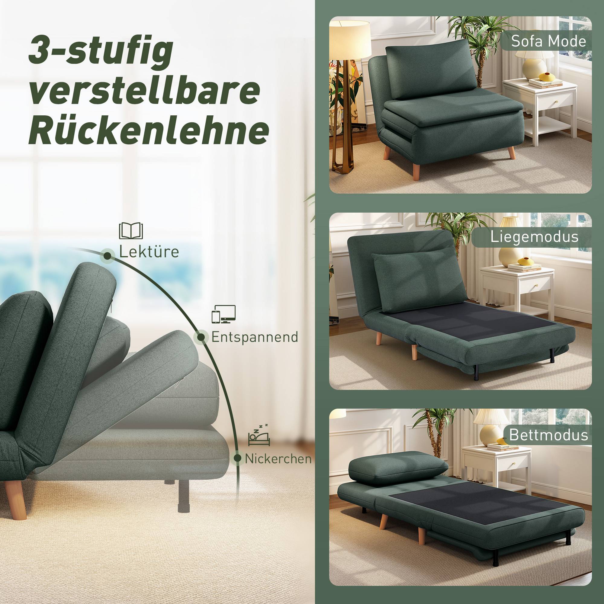 Fauteuil convertible 3 en 1 avec fonction lit, inclinable, dossier réglable, pieds en hêtre, coussin, vert foncé - Image 6