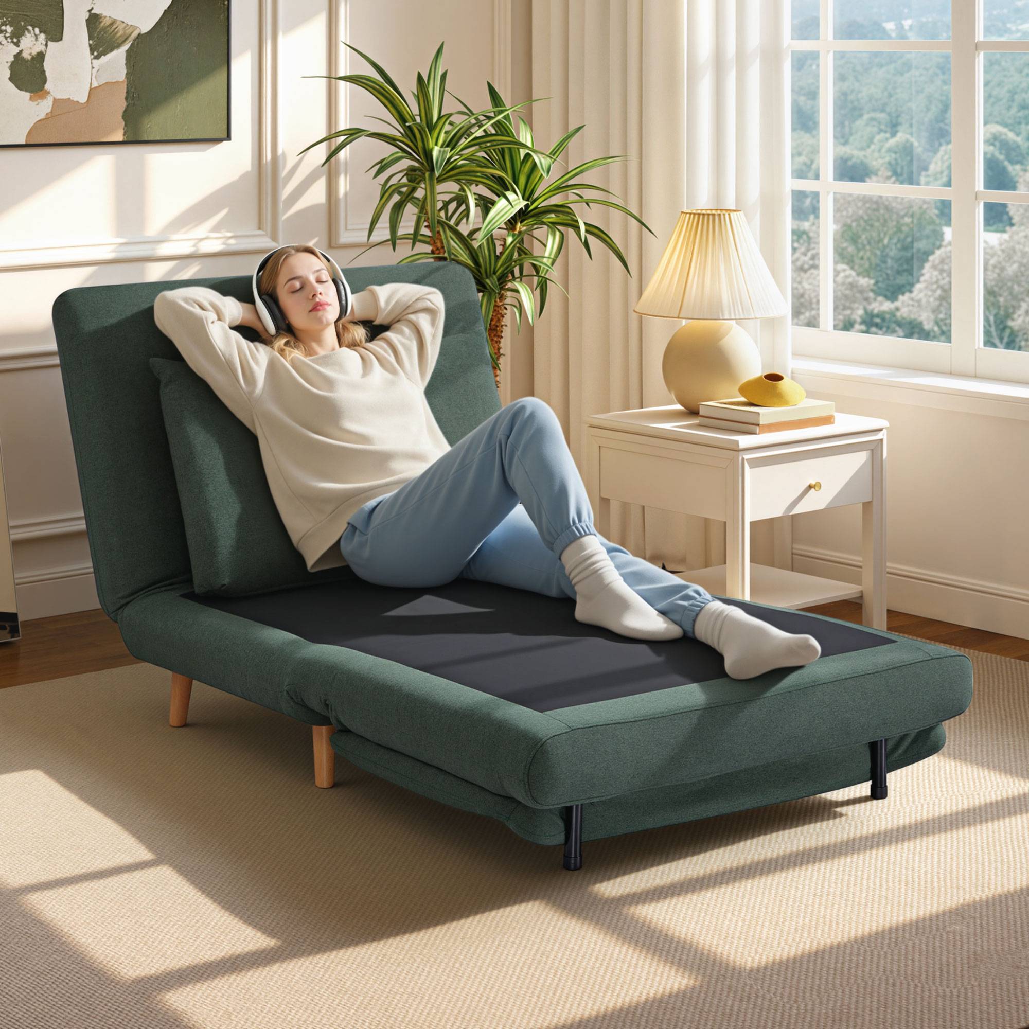 Fauteuil convertible 3 en 1 avec fonction lit, inclinable, dossier réglable, pieds en hêtre, coussin, vert foncé - Image 3