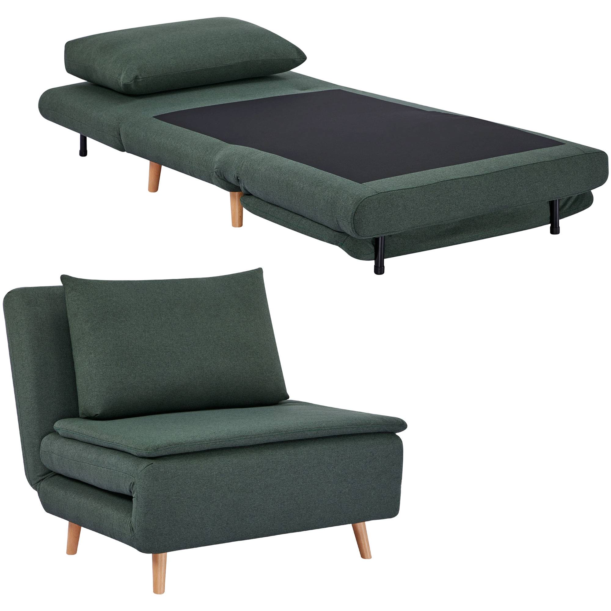 Fauteuil convertible 3 en 1 avec fonction lit, inclinable, dossier réglable, pieds en hêtre, coussin, vert foncé - Image 1