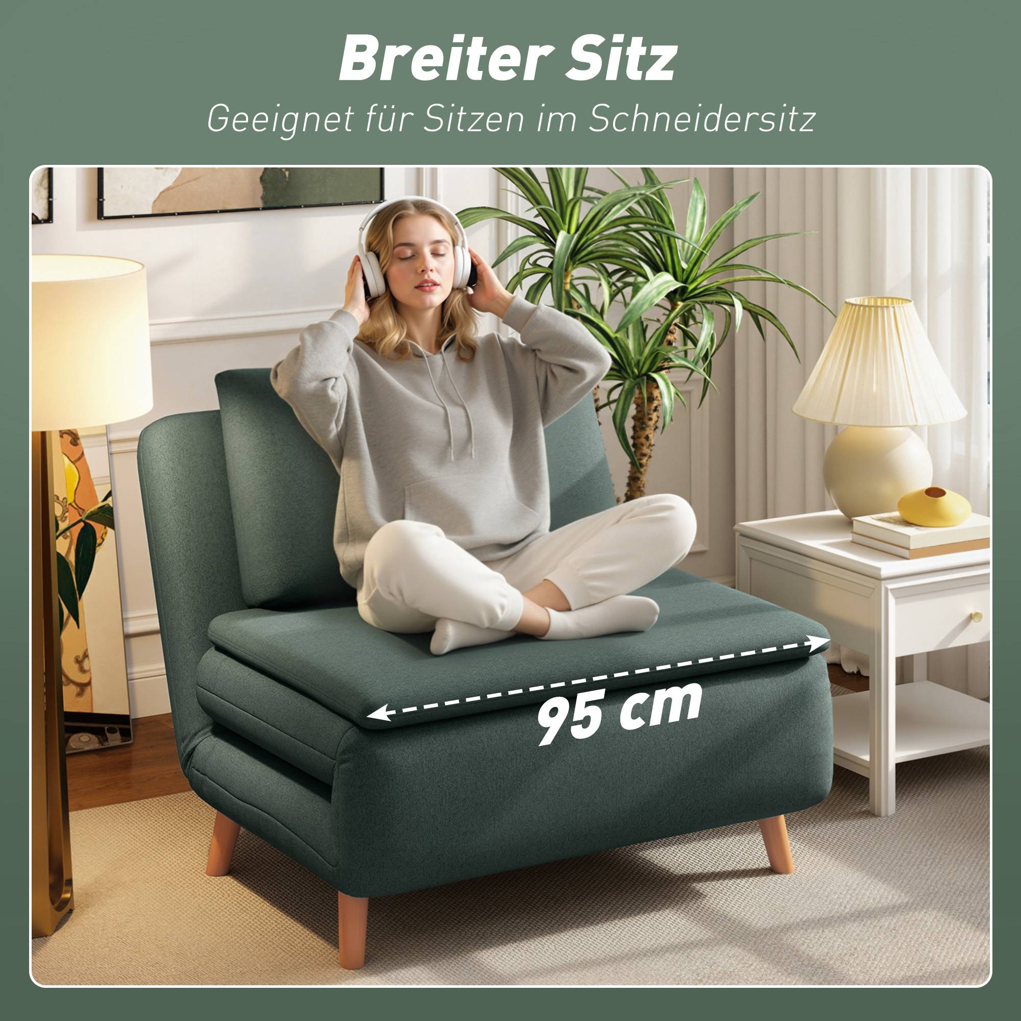 Fauteuil convertible 3 en 1 avec fonction lit, inclinable, dossier réglable, pieds en hêtre, coussin, vert foncé - Image 7
