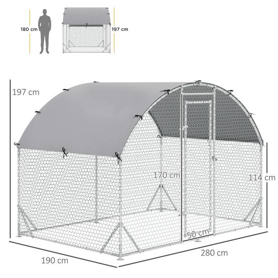 Poulailler en métal galvanisé avec toit et housse anti-UV, 280 x 190 x 197 cm, argent - Image 5
