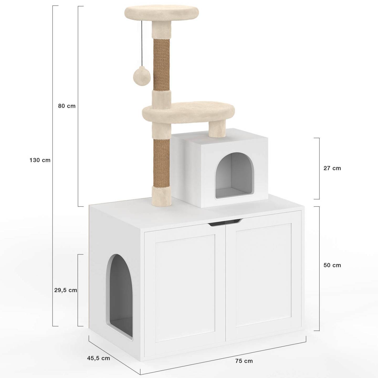 IDMARKET - Maison de toilette pour chat avec arbre à chat, cache-litière 2 portes, niche et plateforme en bois blanc - Image 5