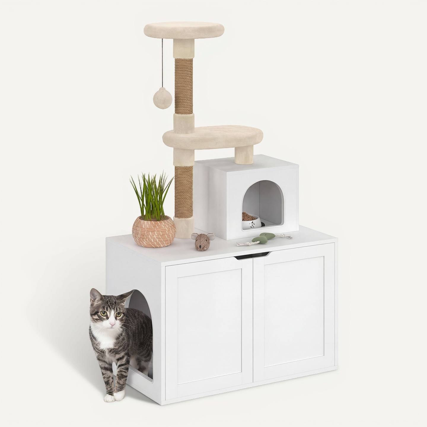 IDMARKET - Maison de toilette pour chat avec arbre à chat, cache-litière 2 portes, niche et plateforme en bois blanc - Image 8