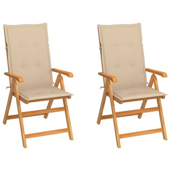 Lot de 2 Chaises de jardin | Chaise d'extérieur et coussins beige Bois teck massif - Image 2