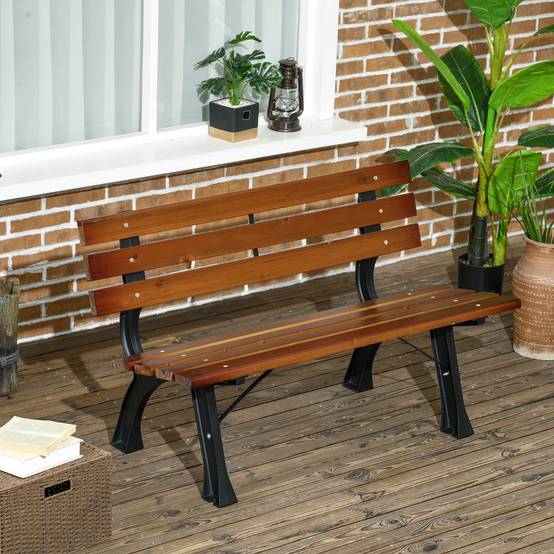 Banc 2 places, pour jardin et terrasse, en fonte d'aluminium et bois naturel, 120 x 57 x 70 cm, marron - Image 3