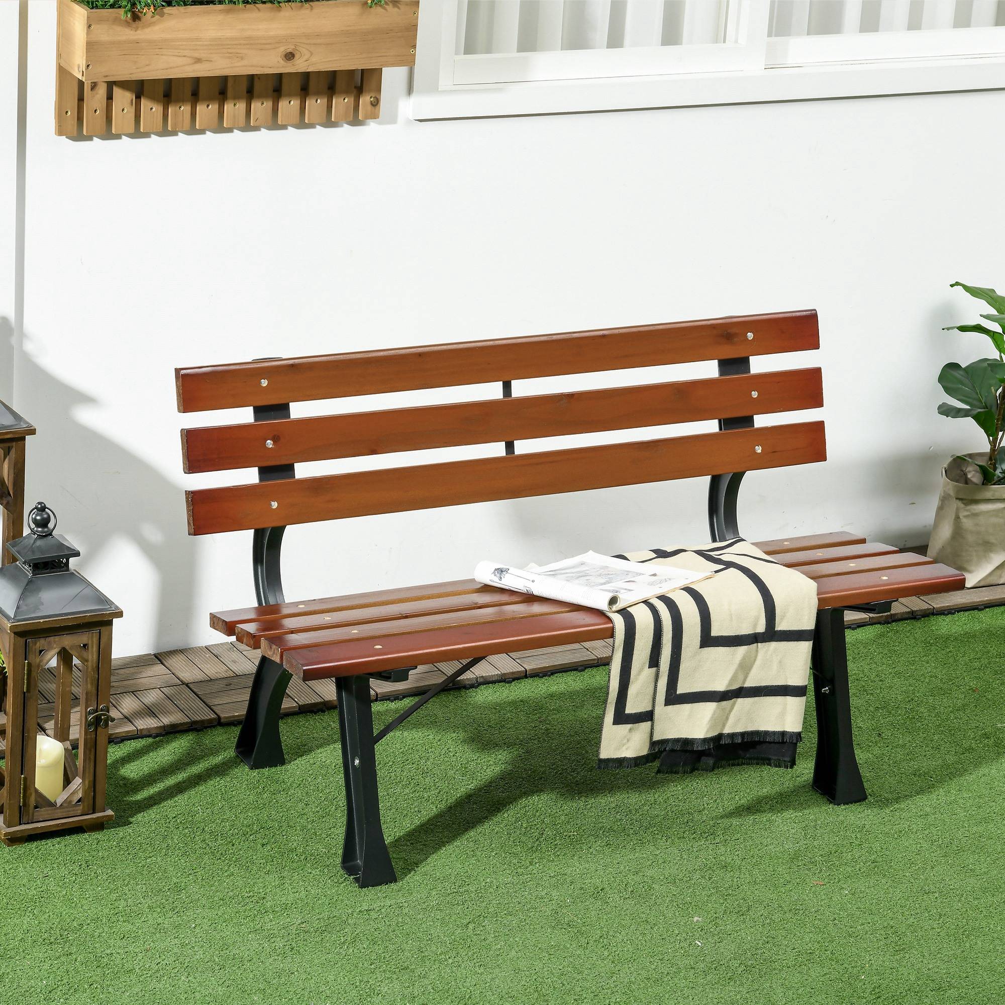 Banc 2 places, pour jardin et terrasse, en fonte d'aluminium et bois naturel, 120 x 57 x 70 cm, marron - Image 4