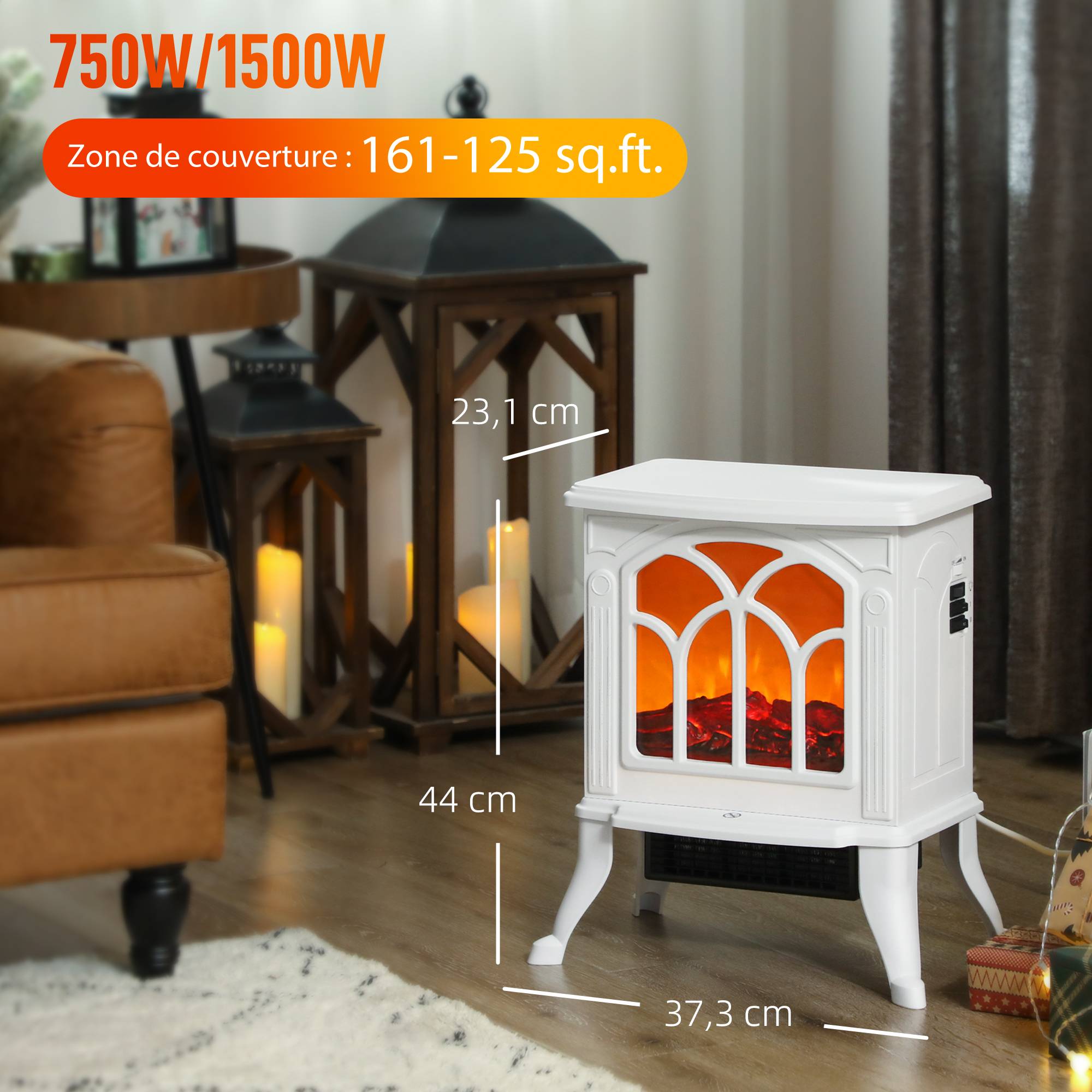 Cheminée électrique sur pied 750/1500 W, fausse cheminée décorative avec effet flamme LED, 37,3 x 23,1 x 44 cm, blanc - Image 5