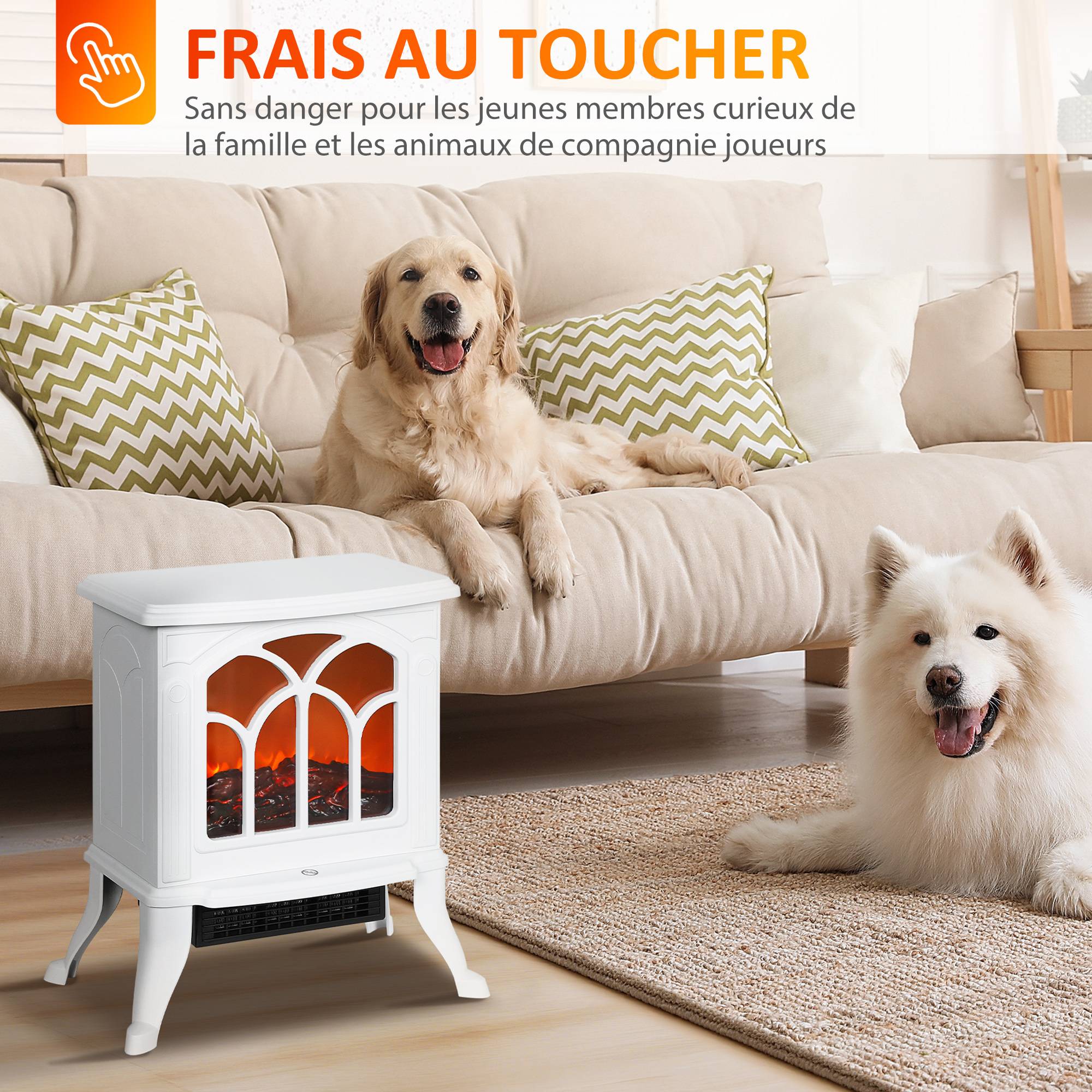 Cheminée électrique sur pied 750/1500 W, fausse cheminée décorative avec effet flamme LED, 37,3 x 23,1 x 44 cm, blanc - Image 8