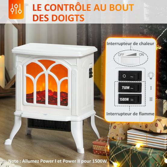 Cheminée électrique sur pied 750/1500 W, fausse cheminée décorative avec effet flamme LED, 37,3 x 23,1 x 44 cm, blanc - Image 6