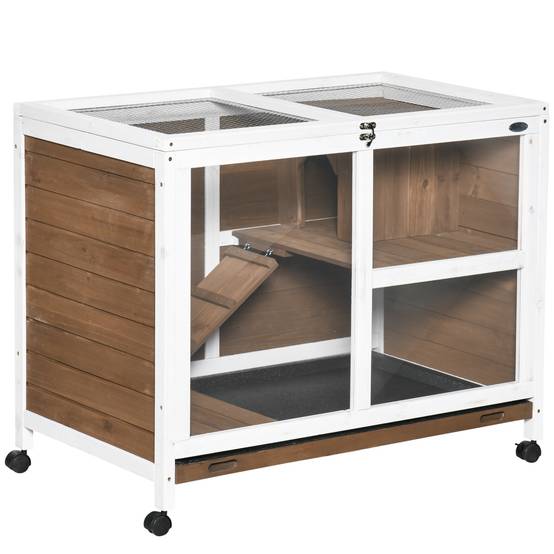 Clapier à lapins à deux niveaux avec maisonnette, rampe et plateau amovible, en bois de sapin, 91,5 x 53,3 x 73 cm, marron - Image 1