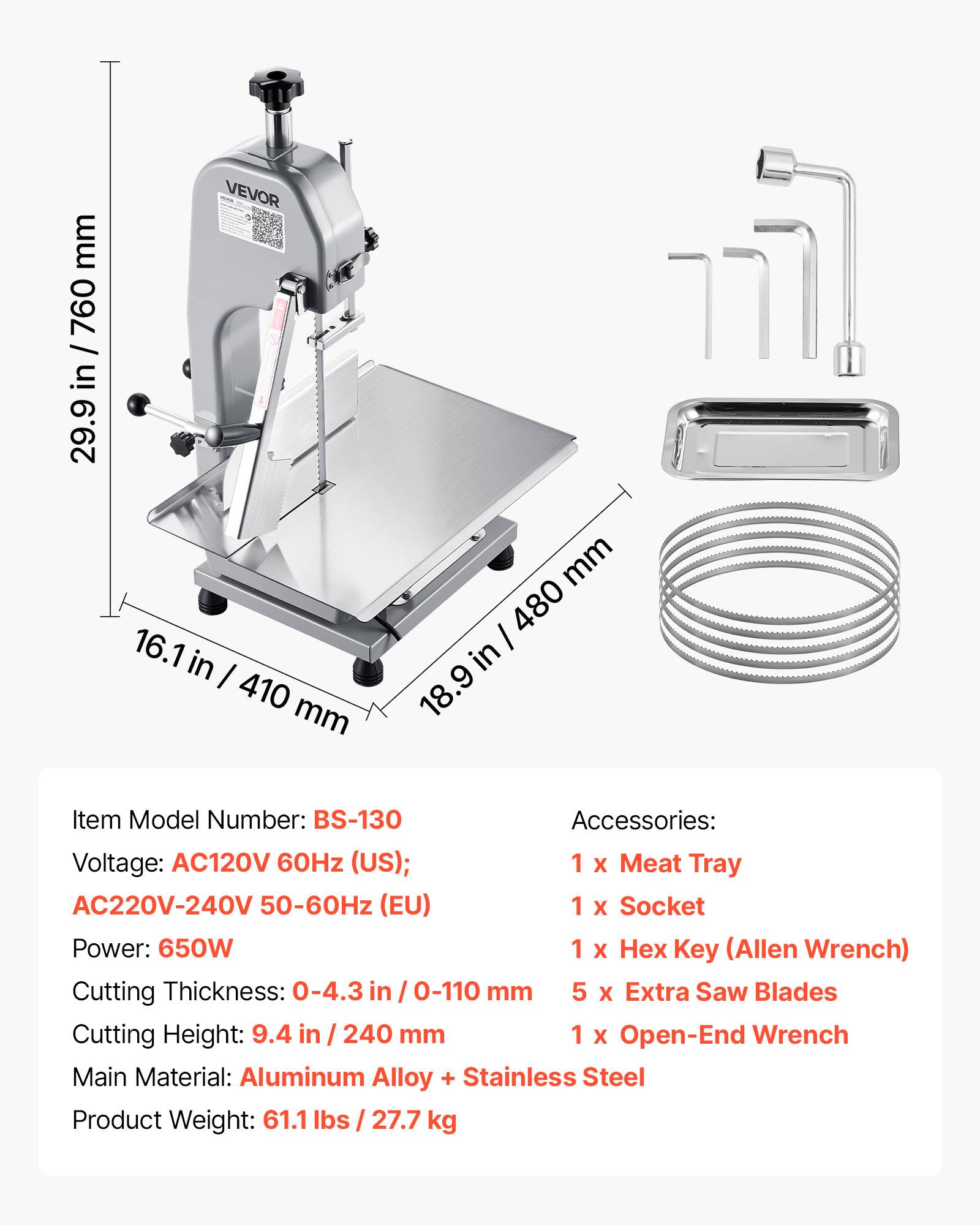 VEVOR Scie à os électrique 650W, table 415x483mm, coupe max 110mm, pour viande/ os congelés. - Image 7
