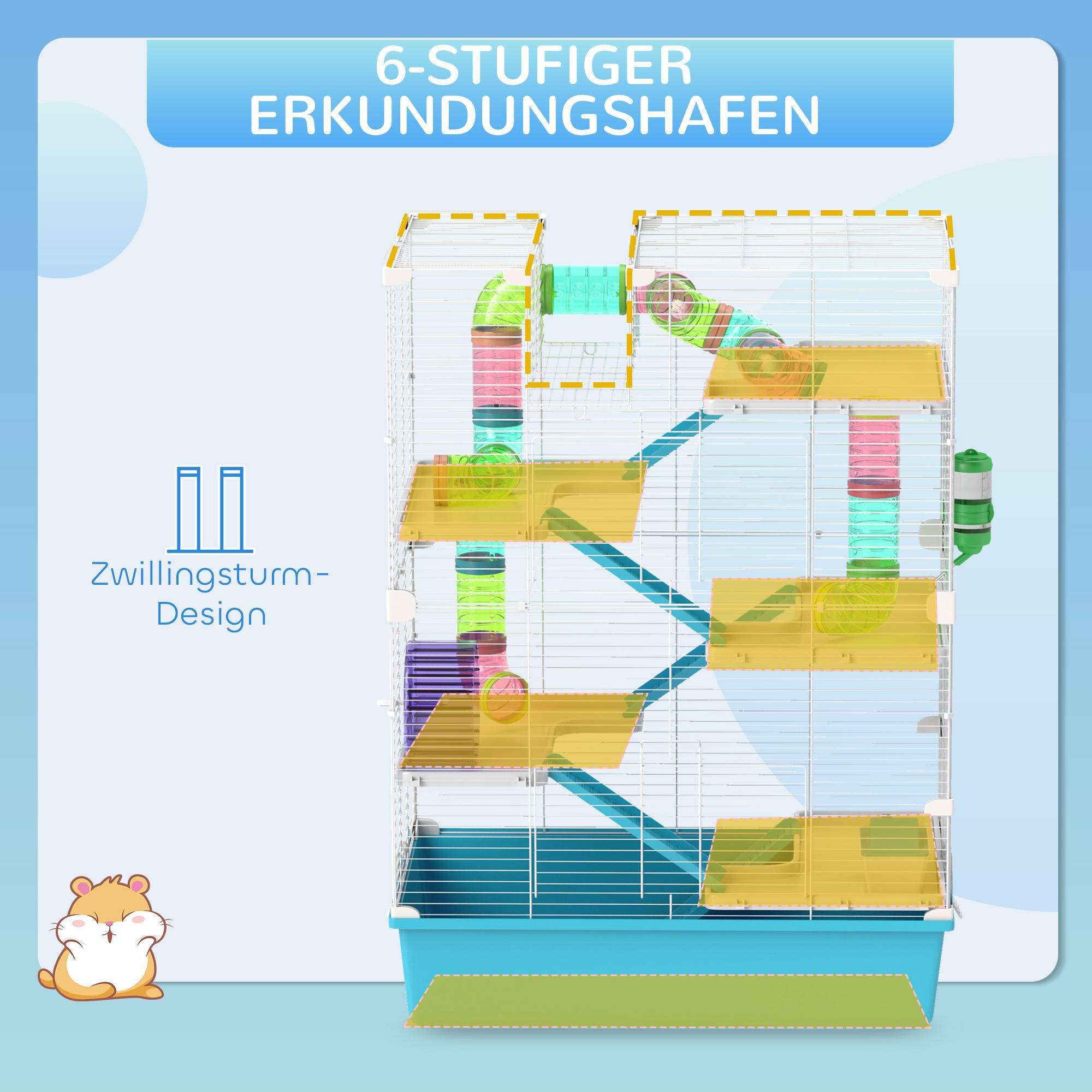 Cage Hamster 6 Niveaux Tubes Tunnels Accessoires Inclus 58x36x81cm Bleu - ComfortXL Pet Living - Image 5