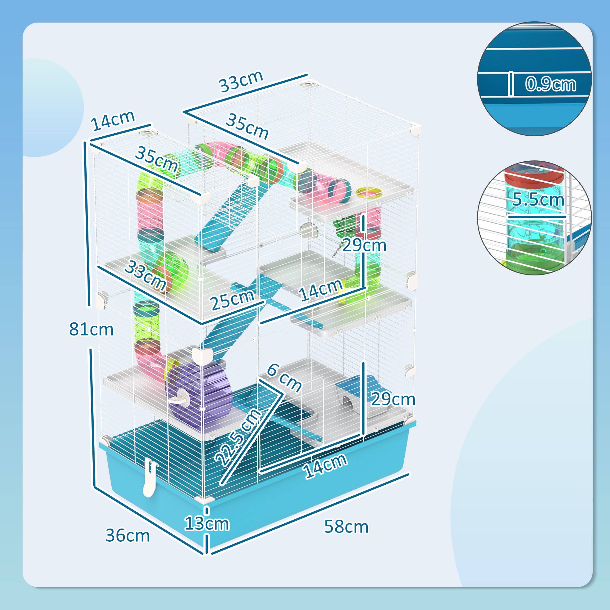 Cage Hamster 6 Niveaux Tubes Tunnels Accessoires Inclus 58x36x81cm Bleu - ComfortXL Pet Living - Image 3
