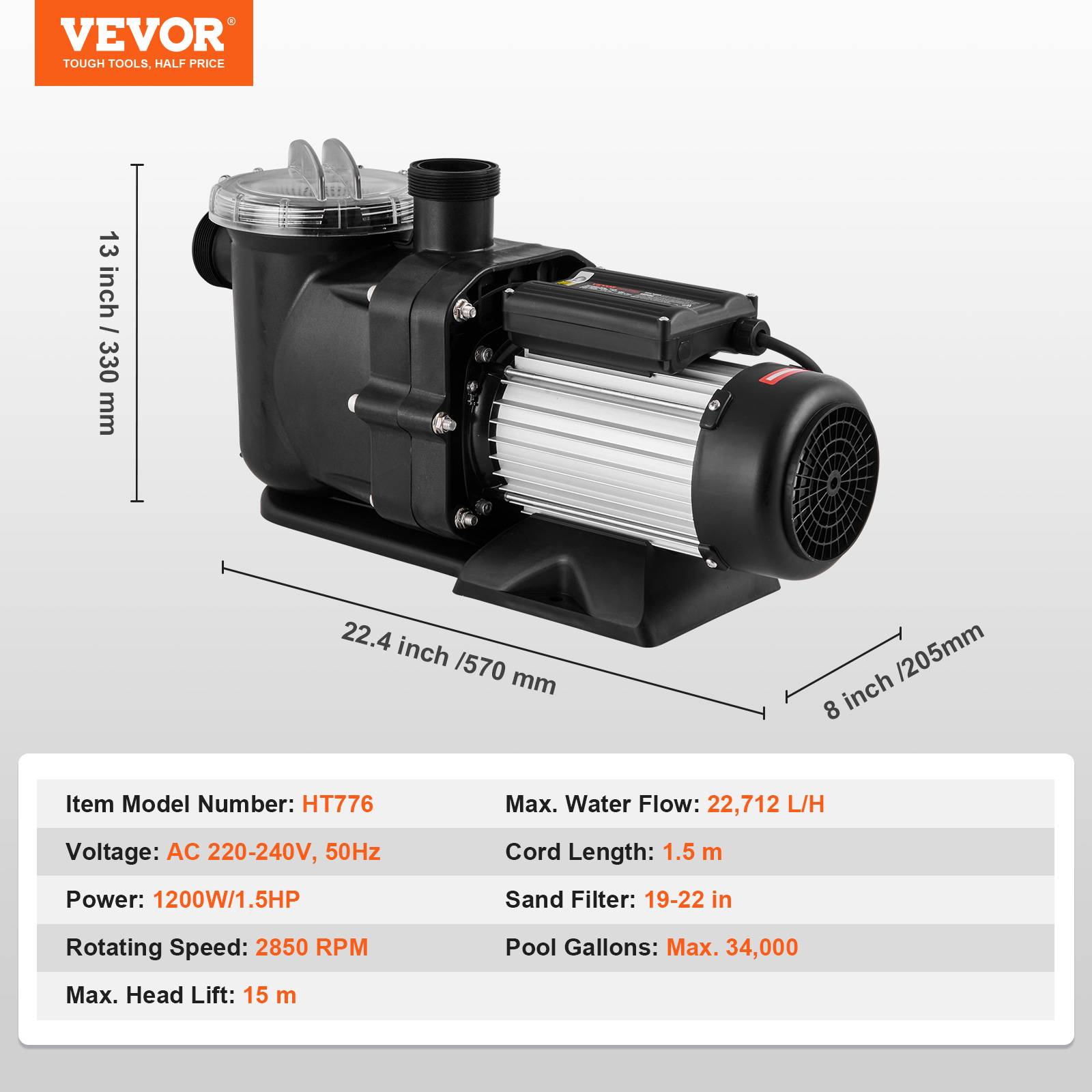 Vevor - VEVOR Pompe piscine hors sol 1200W vitesse unique 100 GPM, tête max 15 m, panier filtrant. - Image 7