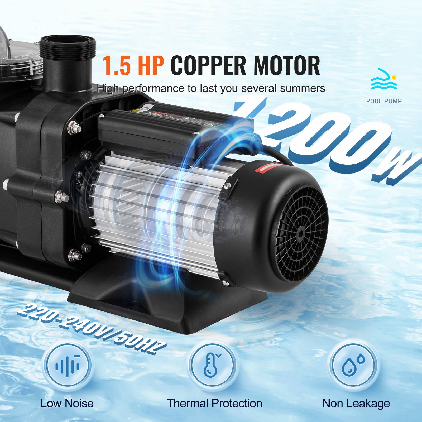 Vevor - VEVOR Pompe piscine hors sol 1200W vitesse unique 100 GPM, tête max 15 m, panier filtrant. - Image 3