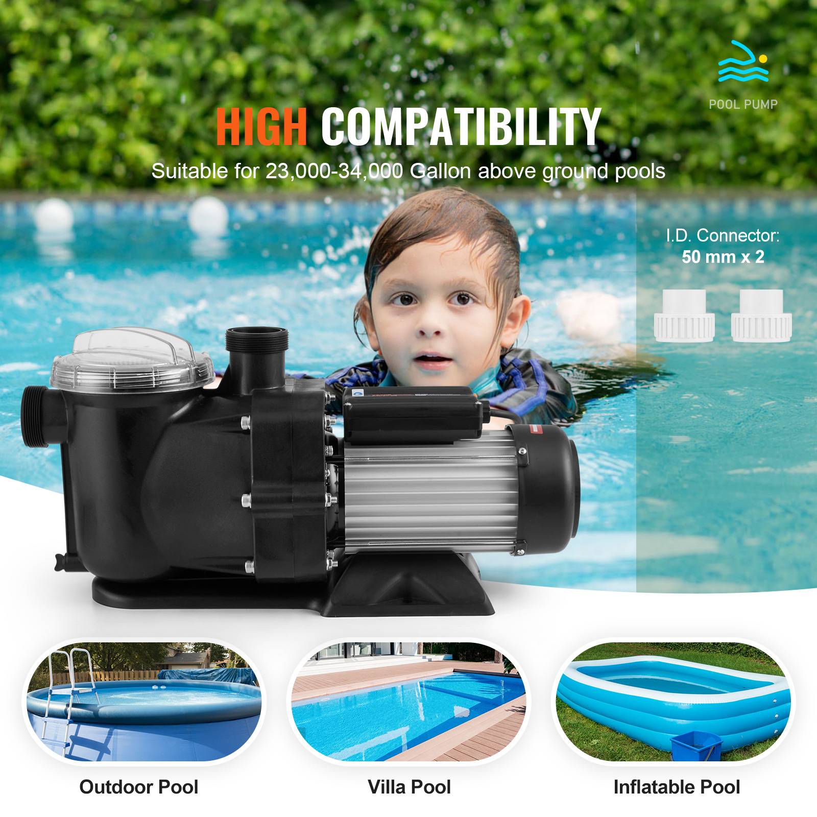 Vevor - VEVOR Pompe piscine hors sol 1200W vitesse unique 100 GPM, tête max 15 m, panier filtrant. - Image 4