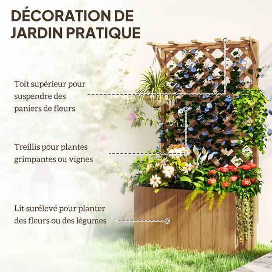 Jardinière avec treillis bois sapin jardin support plantes 122cm naturel - ComfortXL Outdoor Living - Image 6