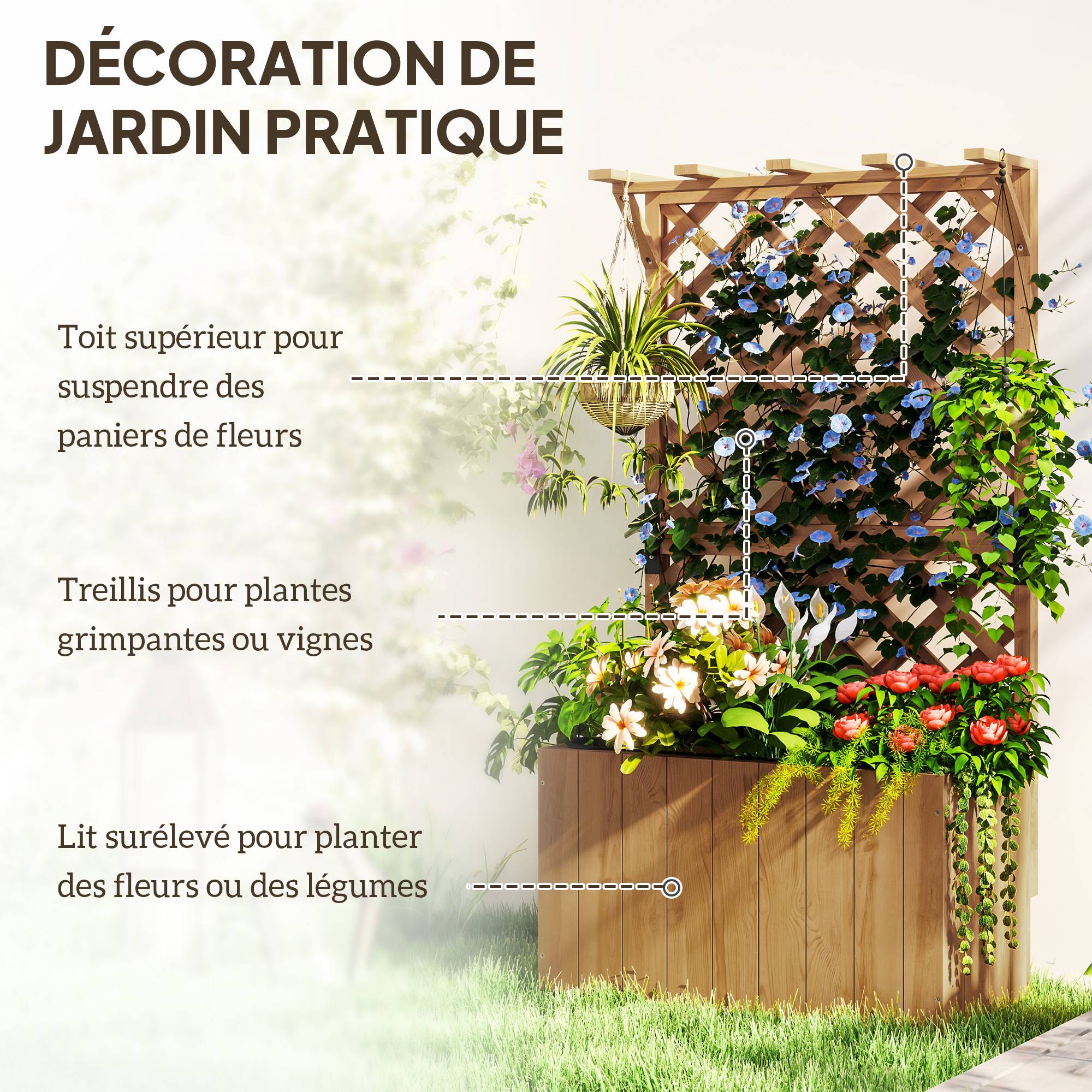 Jardinière avec treillis bois sapin jardin support plantes 122cm naturel - ComfortXL Outdoor Living - Image 6