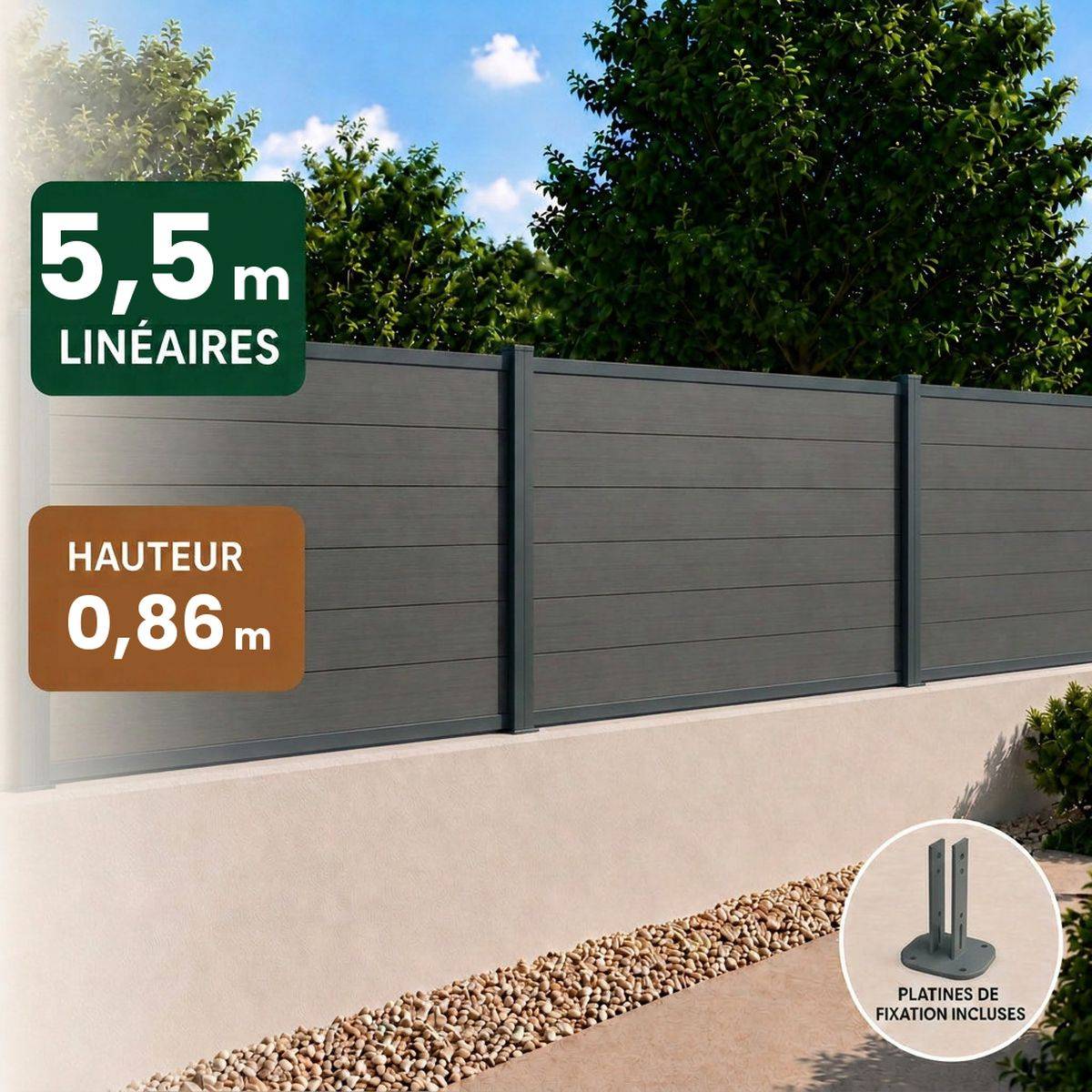 Direct Abris - Kit clôture RECIFE Bois Composite ardoise 5,47m poteau 60x70mm gris sur platines 0,86m - Image 1
