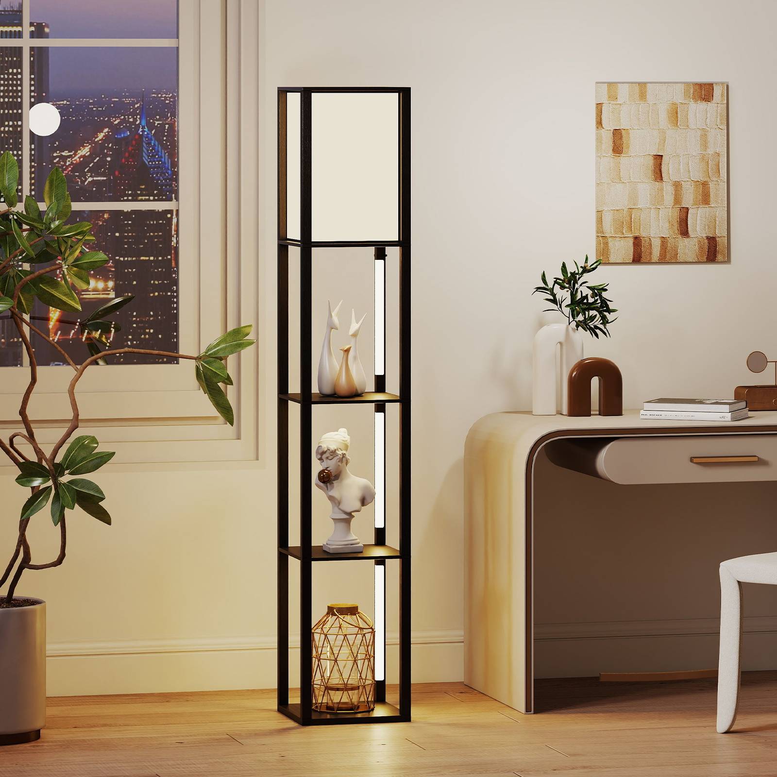 Costway - Lampadaire avec Étagères, Lampe Étagère avec 3 Bandes LED & Abat-jour, Luminosité Réglable à 3 Niveaux, Interrupteur au Pied pour Salon, Chambre - Image 3